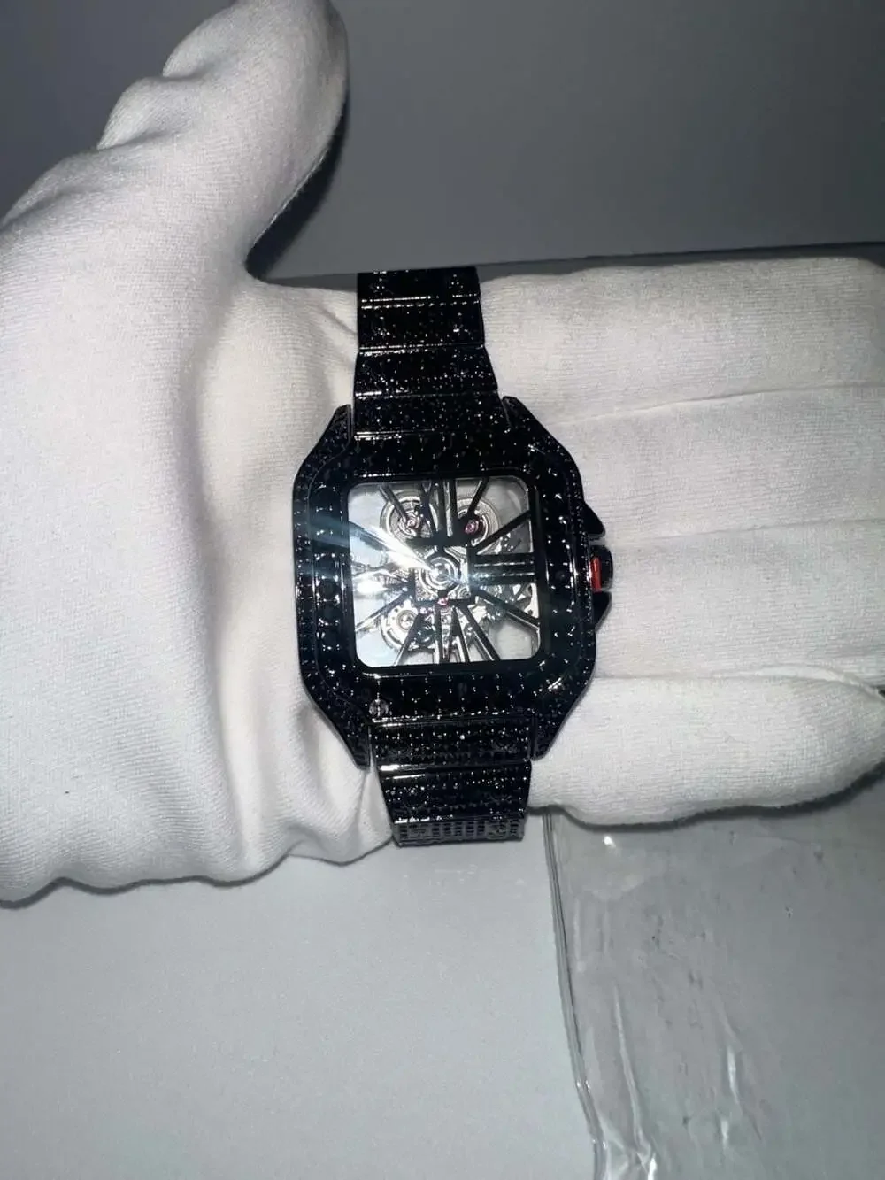 Techno Pave Men's Fully Iced Out Square Skeleton Watch Gun Black